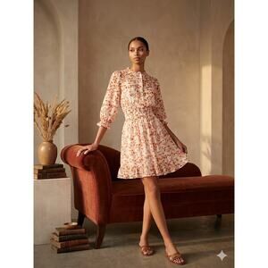 Maje Rythona Dress Small FR 36 Terracotta Orange Floral Metallic Mini Smocked